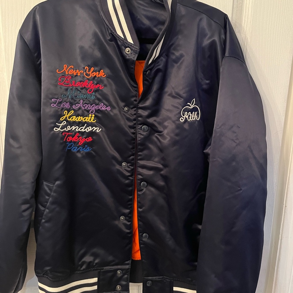 NWT Kith New York to the World Navy Satin Bomber Jacket Size Medium